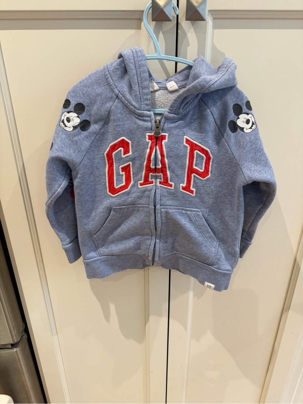 GAP Light Blue Kids Zip Hoodie with Red Logo and Mickey Accents